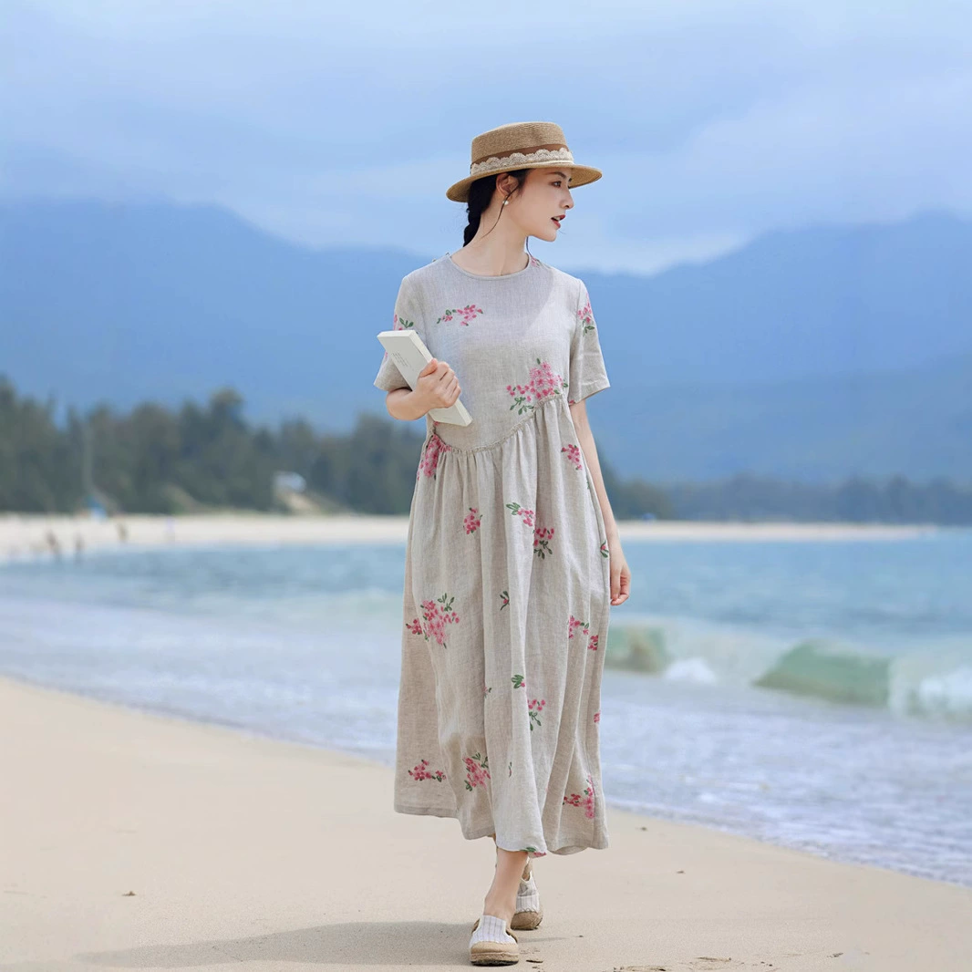 2025 летний оригинальный женский дождь конопля высокого качества вышитая художественная раскачка длинное платье длинное платье платье для путешествий