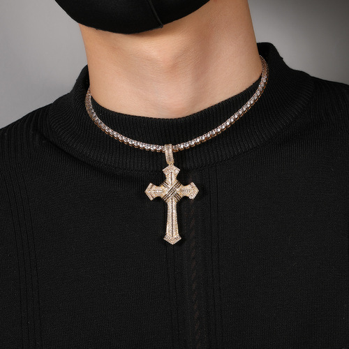 European and American hip-hop fashion brand diamond cross pendant set with zircon trendy men's necklace personalized simple cross-border jewelry