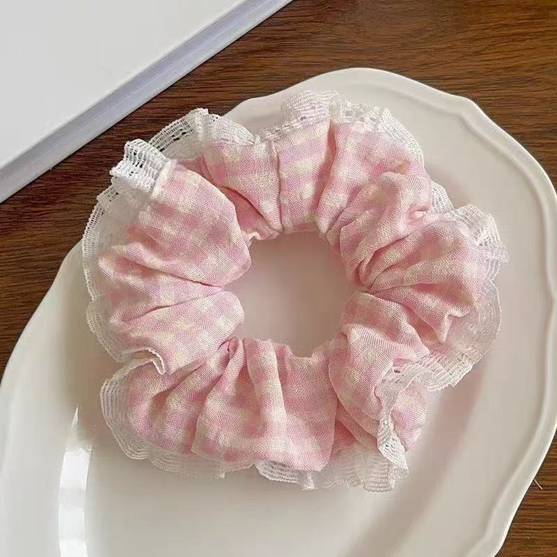 AL Hair Ring #19 - Lace Edge Plaid Pink
