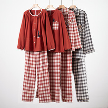 秋冬男女情侣格纹纯棉磨毛双股绒睡衣套装 家居服套装批发 代发