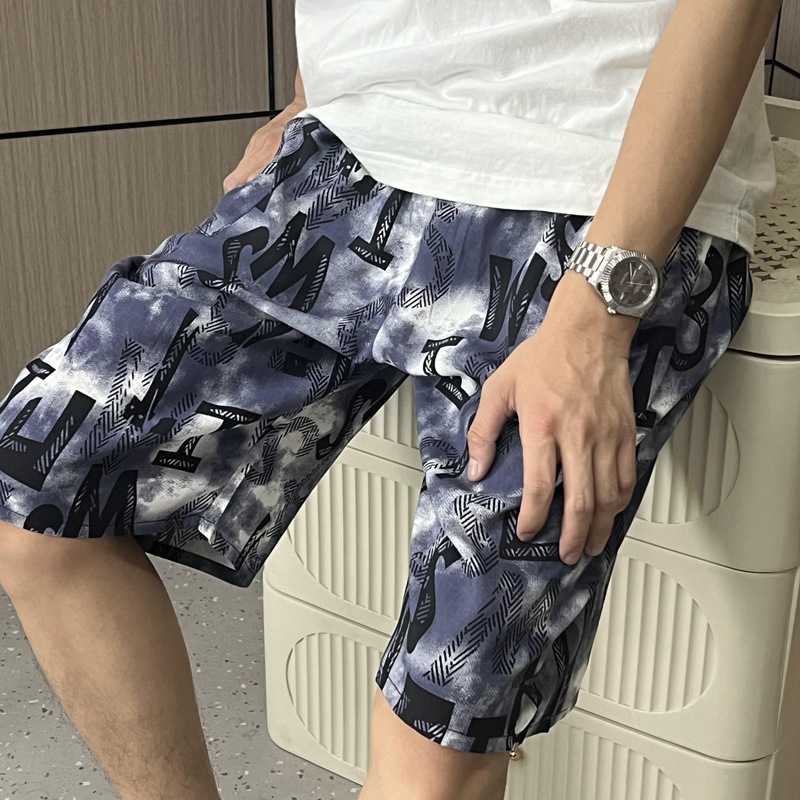 Pantalones de pijama para hombre, pantalones cortos de seda de algodón fino de verano, pantalones de playa de algodón artificial de gran tamaño, pantalones sueltos de cinco puntos para el hogar