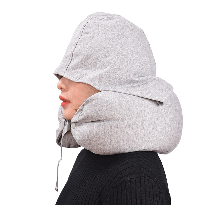 外貿禮品旅行枕頭印LOGO帶帽旅行枕U型枕午休飛機連帽護頸枕