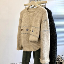 专柜撤回大牌剪标女装花朵刺绣套头毛衣女秋冬慵懒风宽松针织上衣