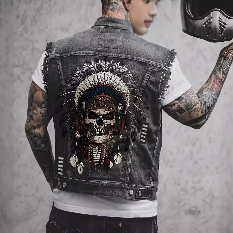 Men's Denim Vest Printed Shirt