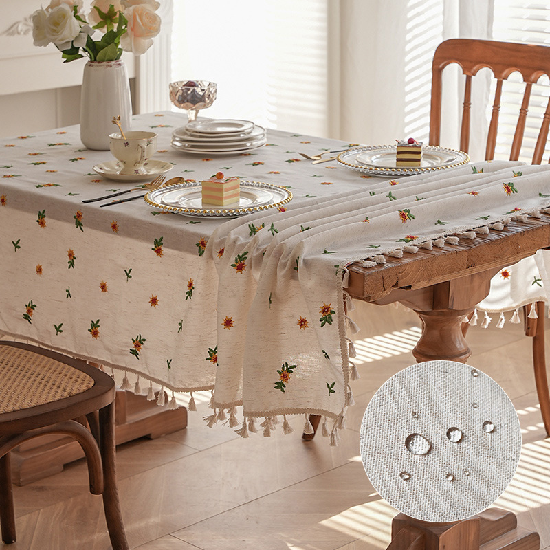 New Waterproof Antifouling Cotton and Linen Anise Flower Embroidered Tablecloth Ins-style Advanced Sense Desk Dining Table Fabric Dust-proof