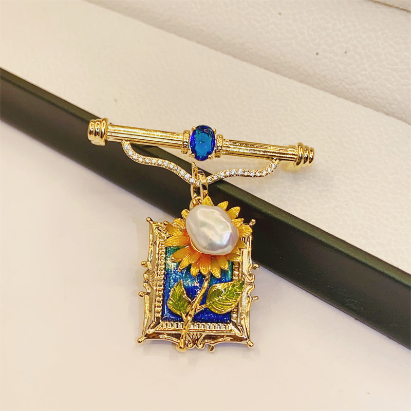 Baroque beads vintage pendant brooch niche design Van Gogh sunflower frame hand-painted two-wear all-match accessories