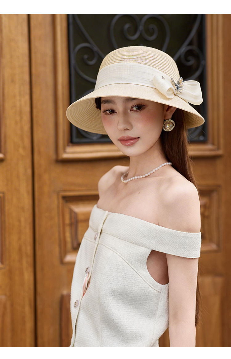 Mũ rơm vành rộng nữ phong cách Nhật, nơ lụa gai lớn, họa tiết bướm đắp, chống nắng mùa hè — màu be chi tiết 6