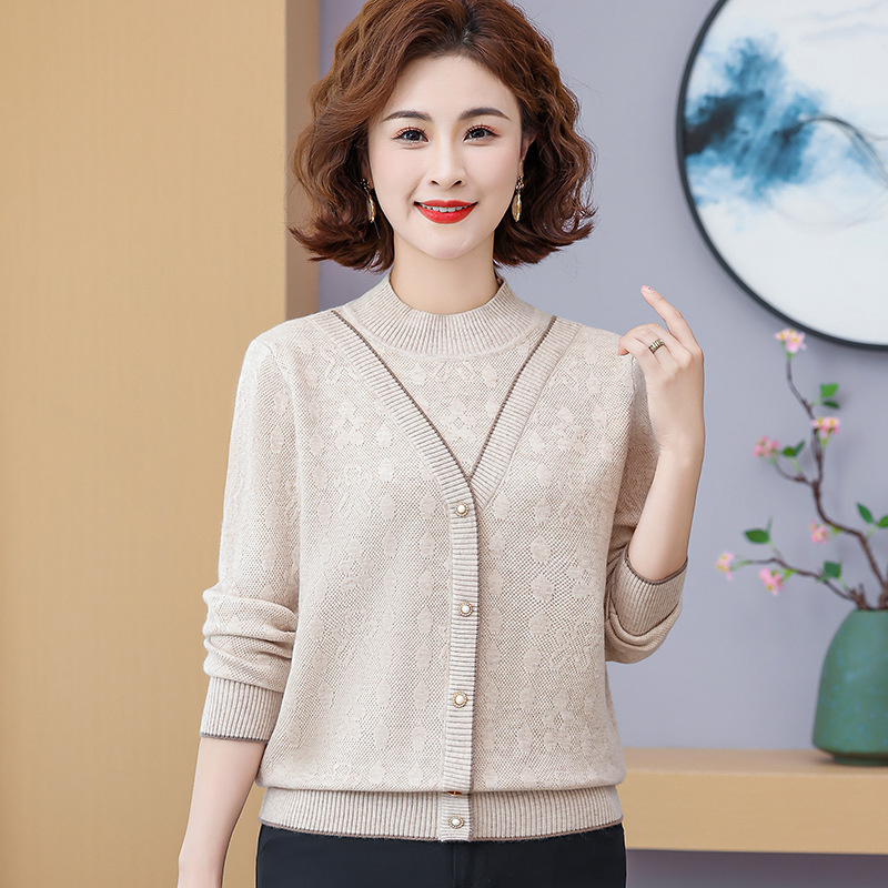25 New Women's Clothing for Middle-Aged and Elderly, Fashionable Half-High Collar Sweater, Long-Sleeve Pullover Wool Sweater for Mothers