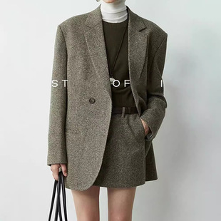 Niche Normcore Style 2025 Autumn and Winter Mixed Color Woolen Suit Worsted Wool Diagonal Placket Suit Short Skirt Suit