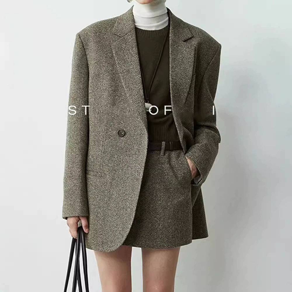 Нишевый минималистичный стиль 2025 осень-зима смешанный цвет шерстяной костюм из тонкой шерсти диагональный планка костюм короткая юбка костюм