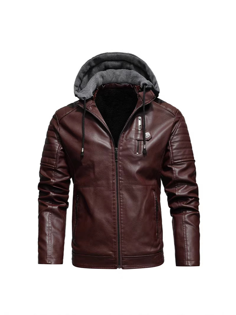 2023 otoño e invierno nuevo abrigo de cuero de los hombres jóvenes abrigo de cuero con Capucha forrada de lana abrigo de los hombres fábrica