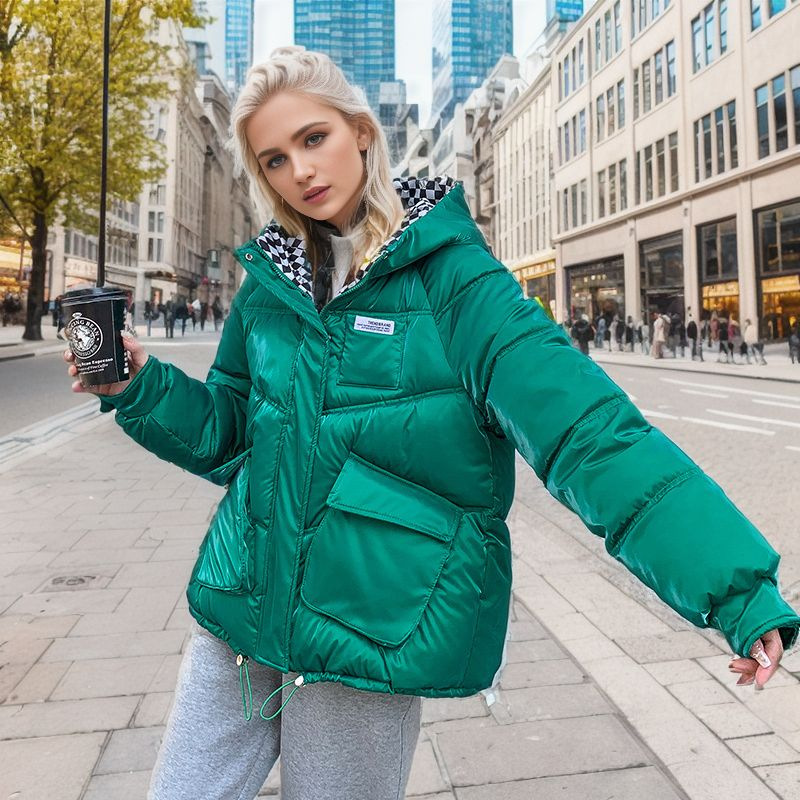 Women's Puffer Jacket Hooded Checkerboard Pattern Winter Coat_voghion.com