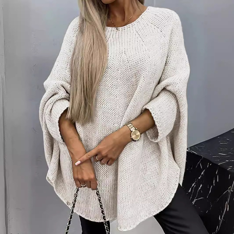 Foreign Trade Cross-border Europe and America Amazon TEMU Source Factory Sweater Women's Crewneck Bat Sleeve Loose Leisure Spring and Autumn