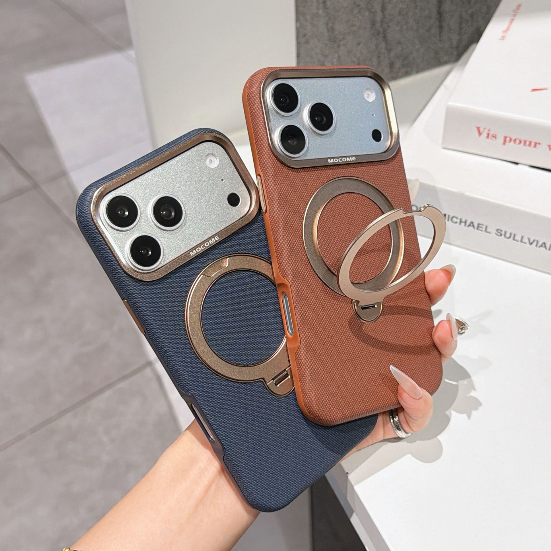 Ốp lưng da iPhone 16/17 Pro Max có vòng xoay 360 độ, nam châm hút, chống sốc viền dày — Đen, Nâu, Tím, Xanh dương chi tiết 16