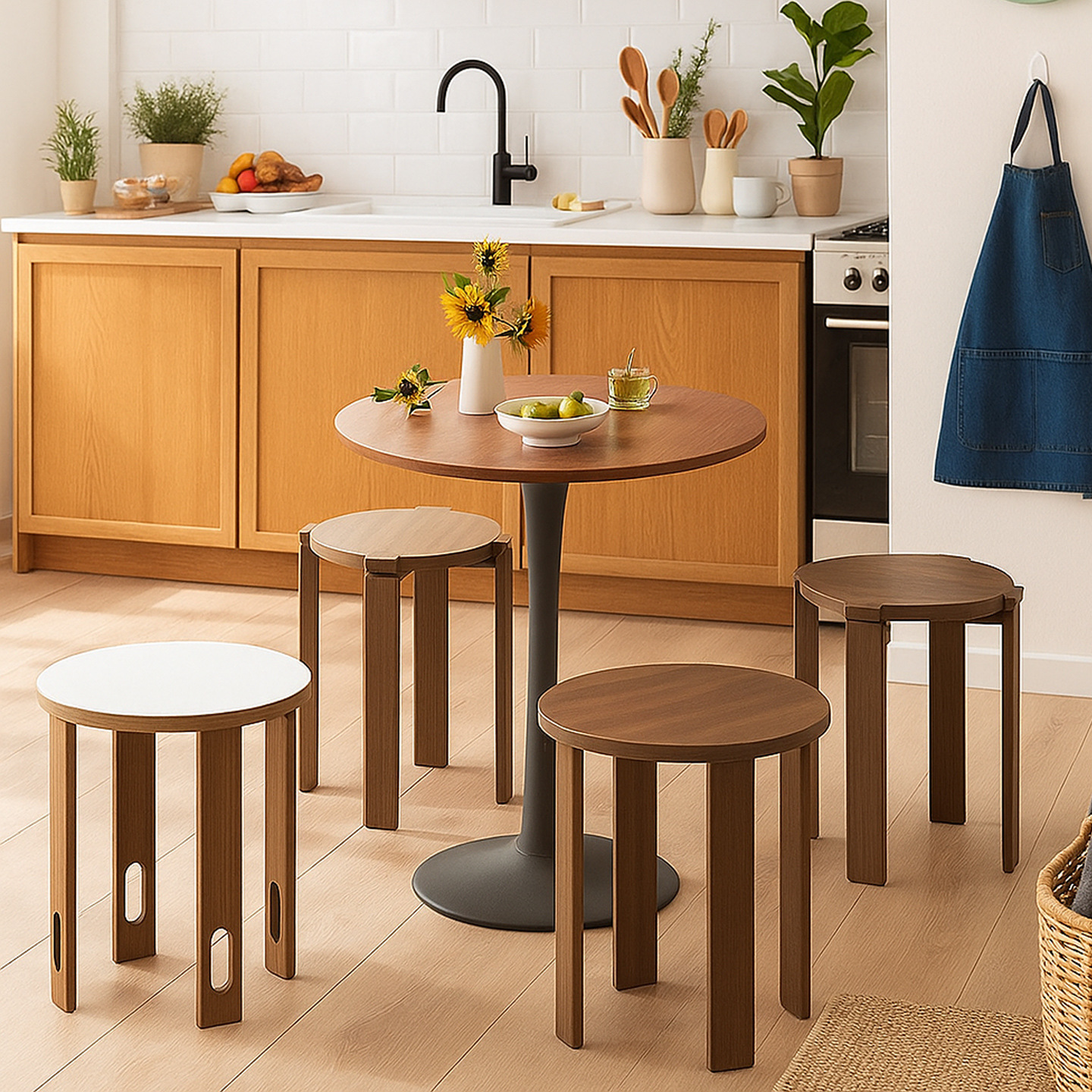 Taburetes redondos de madera sólida, taburetes combinados apilables para el hogar, taburetes de comedor modernos, taburetes de mesa de comedor, sala de estar, nuevo estilo chino de música apilada