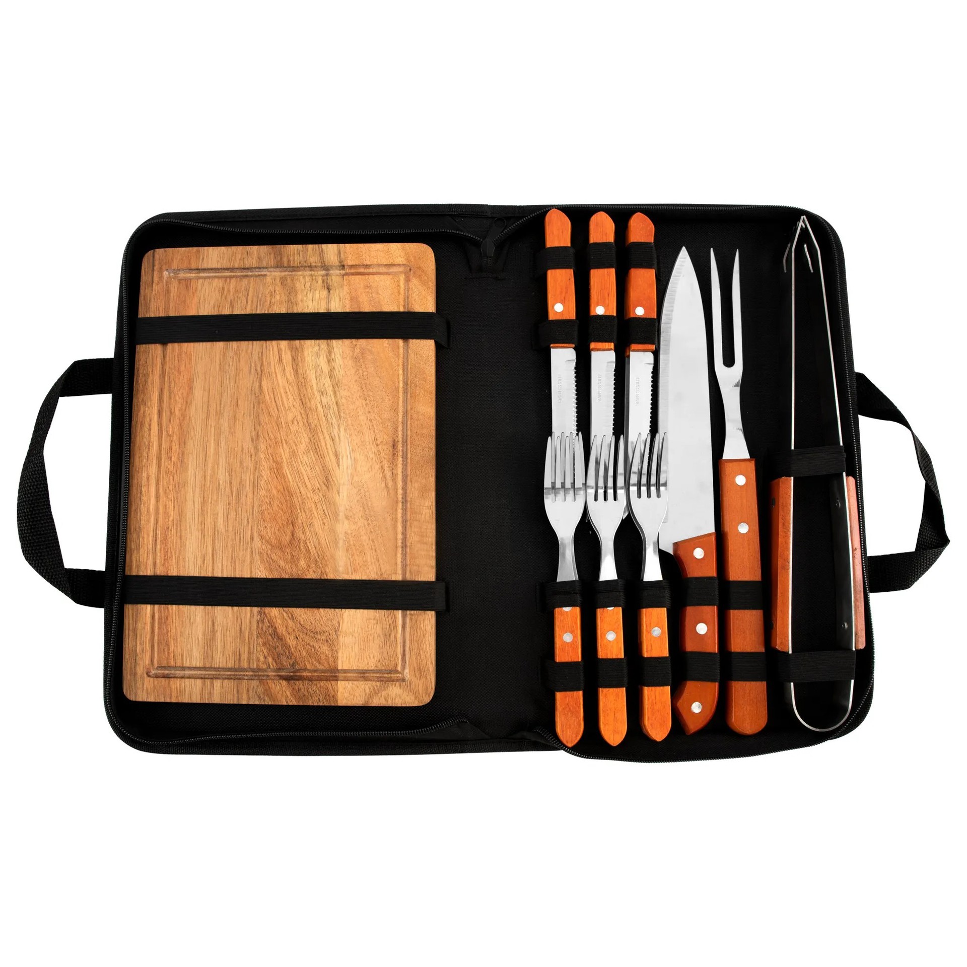Fuente de fábrica de bolsas de tela para parrilla 10 piezas para BBQ al aire libre herramientas de parrilla mango de madera de acero inoxidable cuchillo y tenedor conjunto de parrilla