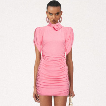 夏季外贸新款粉色立体盘花高领缩褶欧美高端女装包臀连衣裙小个子