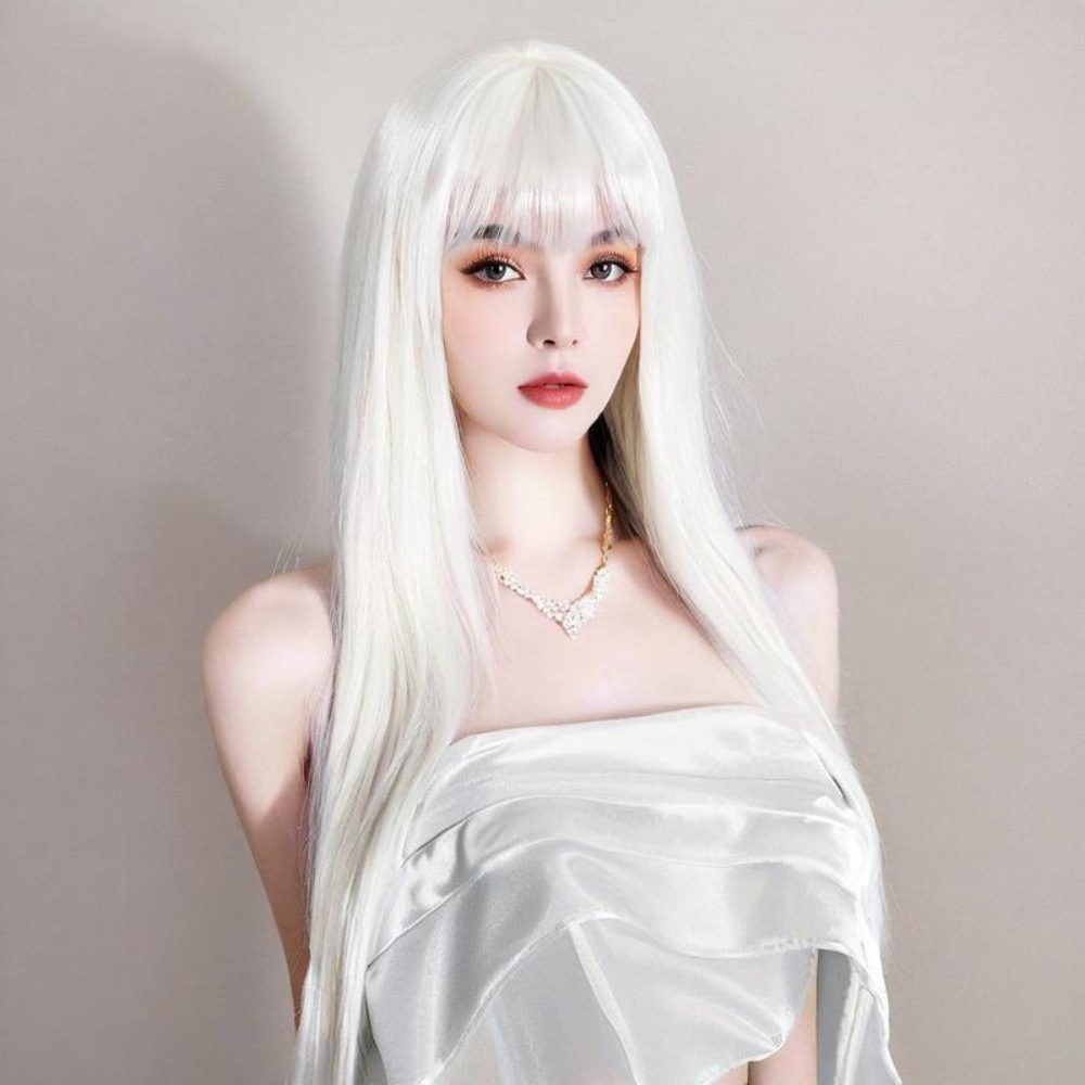 Long Synthetic Hair Wig With Bangs Straight And Wavy Full Coverage_voghion.com