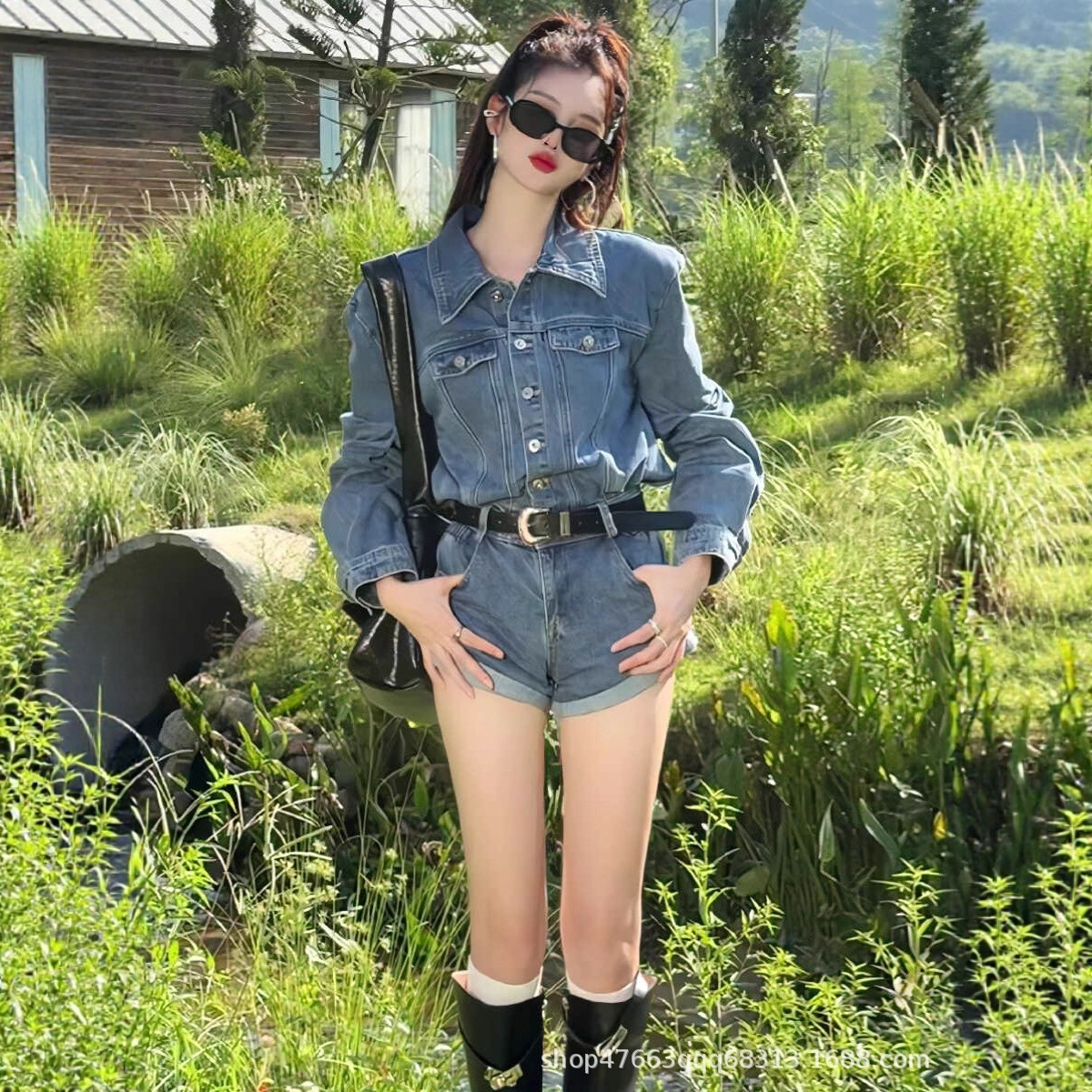 美式复古辣妹风牛仔连体裤女春秋小个子穿搭一整套高级感时尚套装