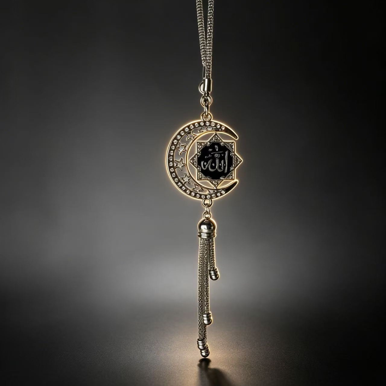 Golden Star and Moon Enamel Car Pendant, 3D Scripture Car Hanging Ornament, Diamond-Encrusted Rearview Mirror Tassel Decoration, Cross-Border Wholesale