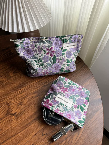 Purple Flower Cosmetic Bag Cyber Celebrity Portable Storage Bag Fabric Small Square Bag Wallet Travel Wash Bag in stock Hair