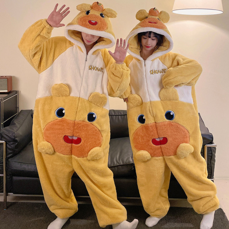 ワンピースのカップルのパジャマの女性の珊瑚の絨毯は厚いです。秋冬の男性のファスナーのフランネルの家の服は一体になります。|undefined