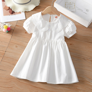 Children's Pure Color Western Style White Skirt Girls Dress Summer 2025 New Baby Girl Petal Lapel Princess Dress