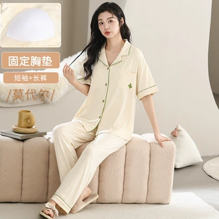 睡衣女夏季莫代尔短袖长裤甜美两件套装可穿舒适薄款家居服带胸垫