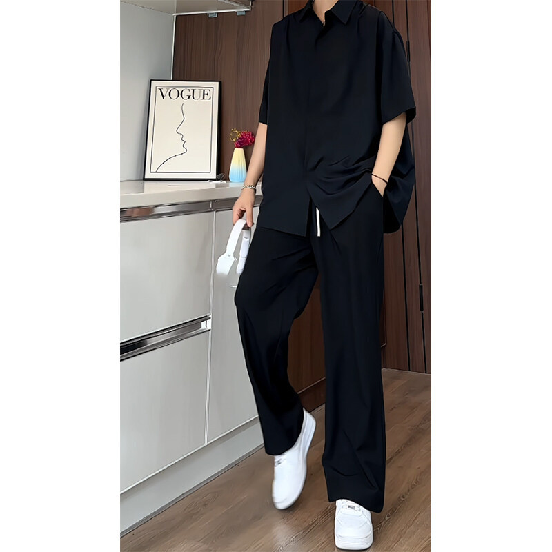 Ice Silk Quick-drying Draped Short-sleeved Shirt American Casual Crock Pants plus size Solid Color Short-sleeved Top Pants Two-piece Set