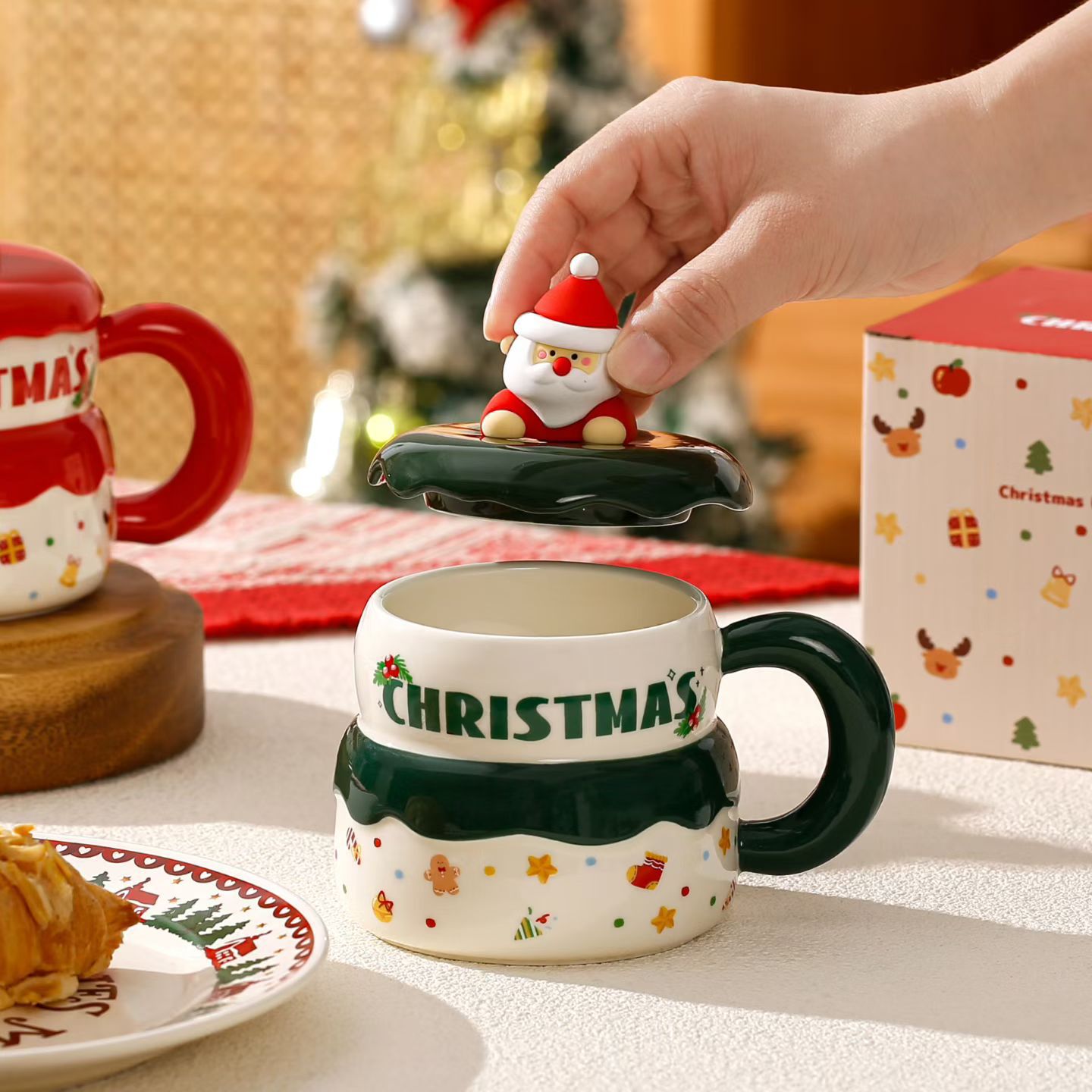 Personalidad creativa Santa taza con tapa de cerámica encantadora taza de agua para beber taza de café de regalo de alto valor transfronterizo