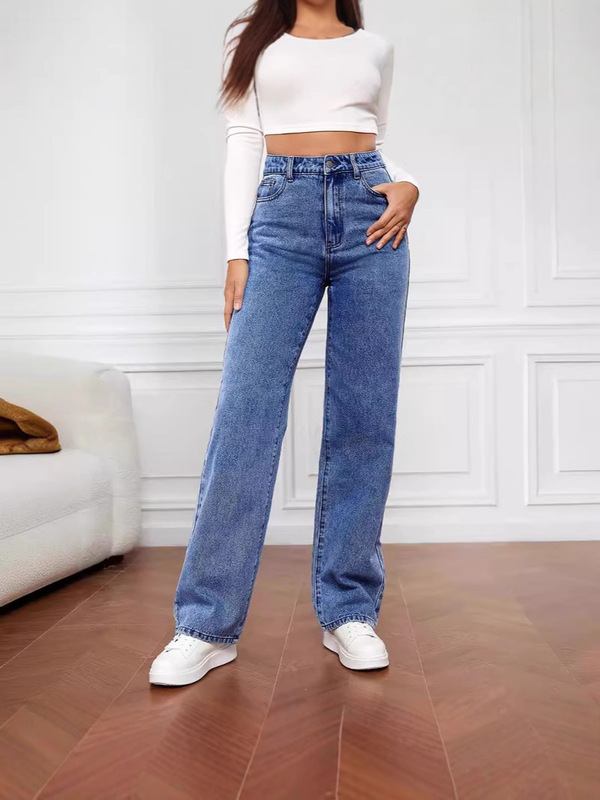 カジュアルトレンドファッションストレッチウォッシュデニムファッションストレートパンツジーンズ女性のパンツルーズストレートパンツ|undefined