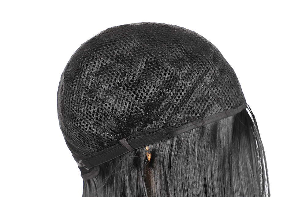 Synthetische Perücke. Schwarzes Stirnband mit geteilter Länge, glattes Haar, komplette Damenperücke aus synthetischen Fasern_voghion.com