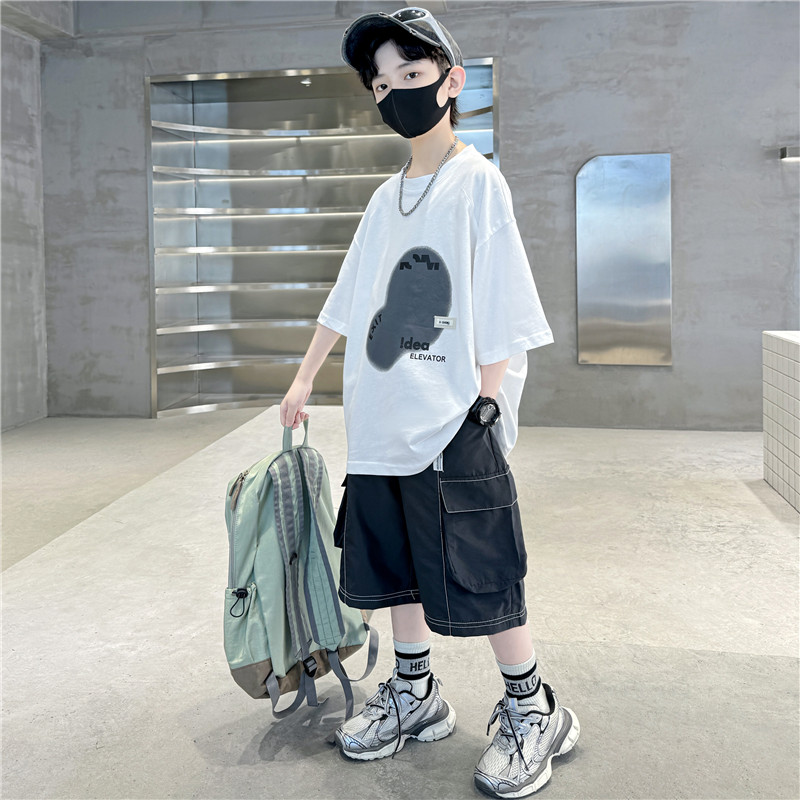 (2개) 어린이 의류 소년 여름 짧은 소매 세트 2024 새로운 큰 어린이 여름 소년 잘 생긴 여름 스포츠 패션