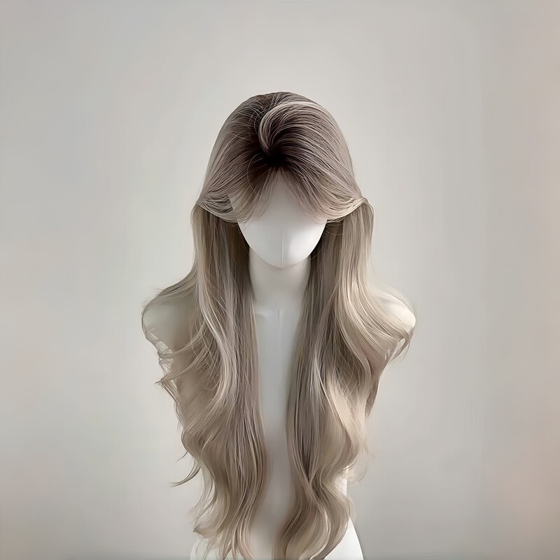 Asian Hot Girl Wig with Middle Part, Milk Tea Gray and Gold Highlighted Gradient Long Curly Hair, Full Headpiece with Atmosphere