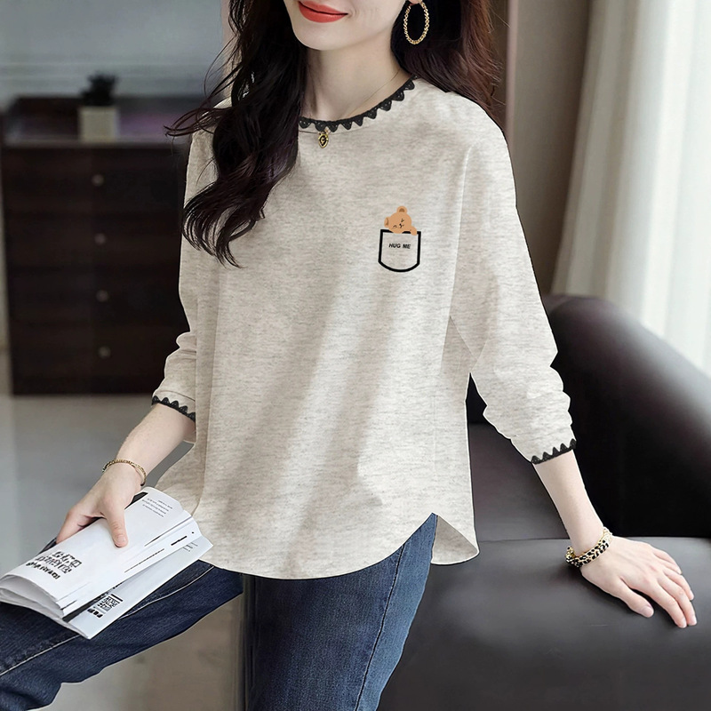 Cotton curved hem base layer long-sleeve T-shirt for women, spring and autumn style, slimming, round neck, fashionable top for commuting Cotton curved hem base layer long-sleeve T-shirt for women, spring and autumn style, slimming, round neck, fashionable top for commuting