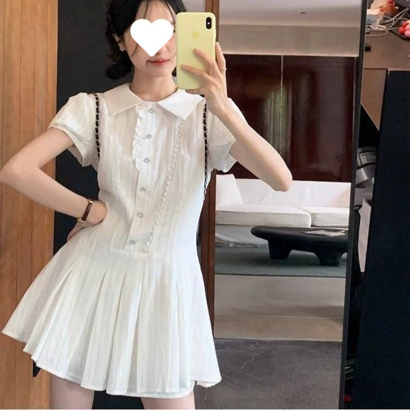 Летняя белая рубашка с коротким рукавом, колледж-французский стиль 2025, для миниатюрных размеров, с завышенной талией.