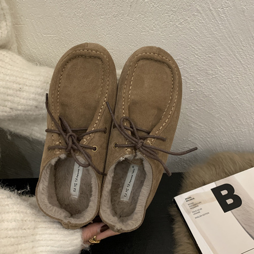 Real leather retro Loafers slip-on moccasins for women  autumn and winter warm lined single shoes cotton clogs