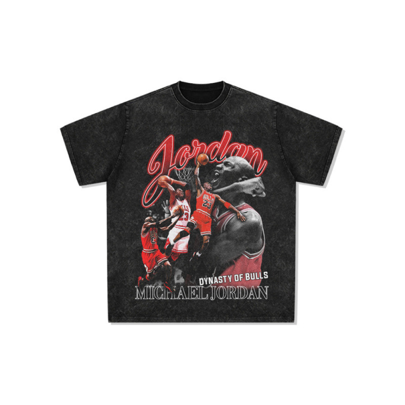 Cross-Border European Size Air Freight Legend Viae American Retro Print Long-Sleeve and Short-Sleeve T-Shirt, Washed Heavy-Duty Small Collar