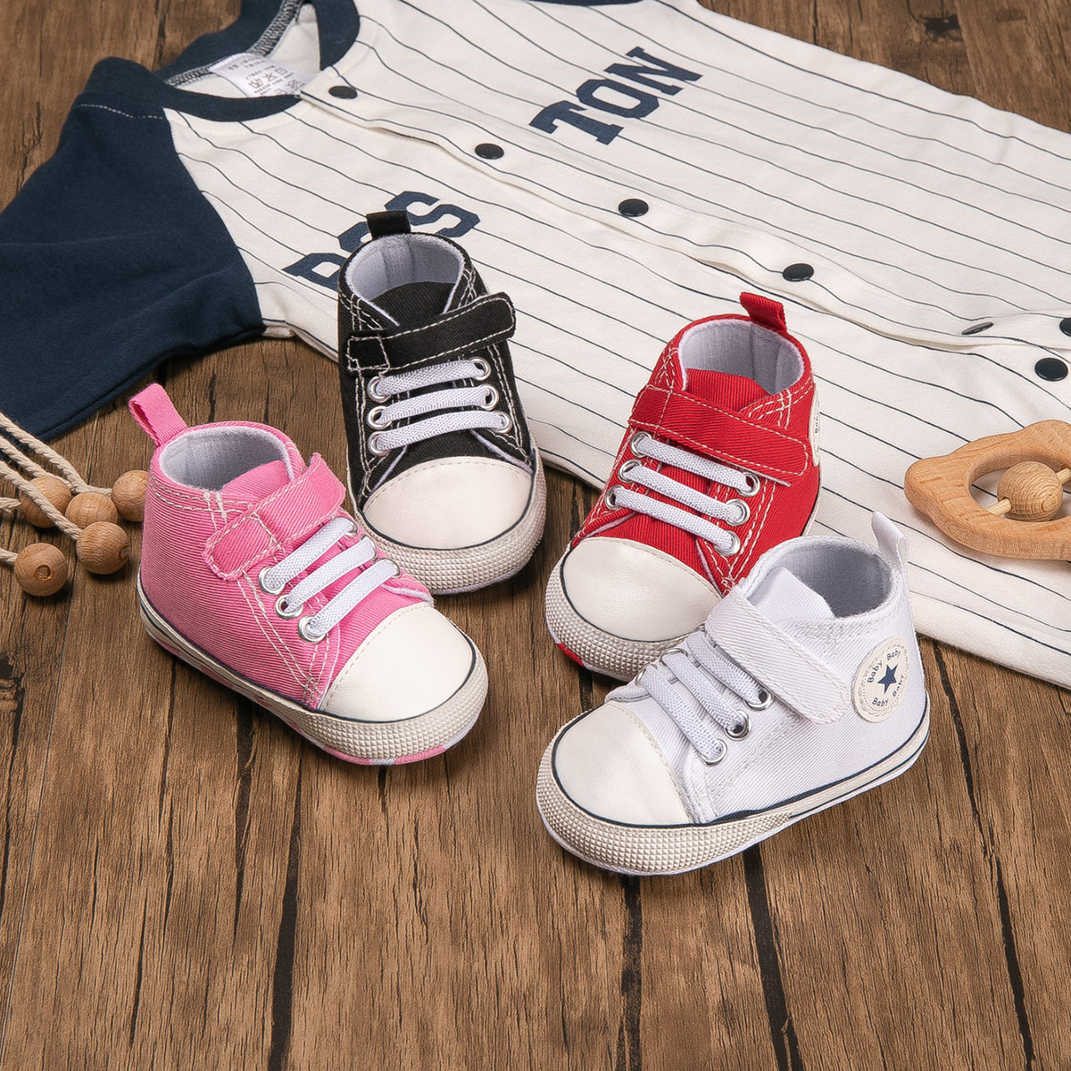外贸爆款 经典高帮婴儿帆布鞋学步鞋 软底搭带嬰兒鞋 baby shoes