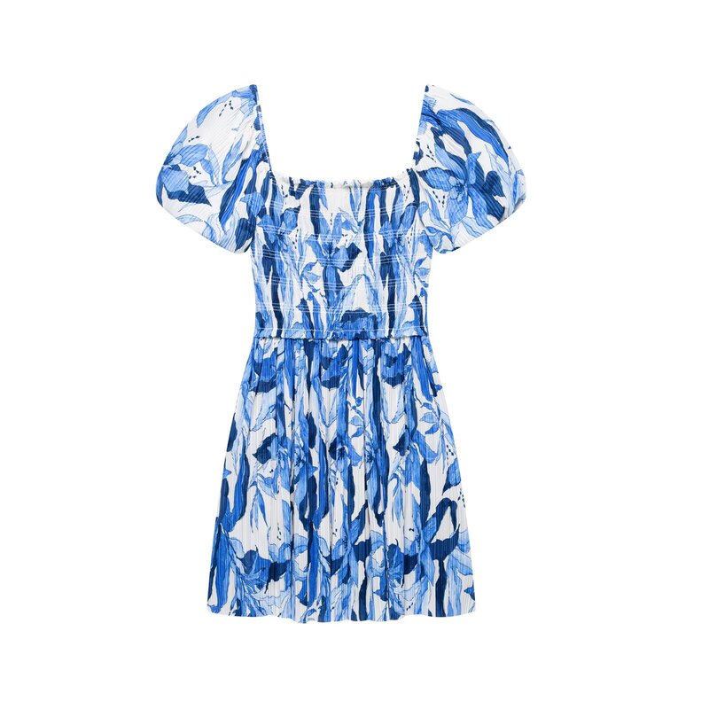 Pb&Za Cross-Border 2025 Summer New European and American Fashion Printed Puff Sleeve Top Pleated Dress