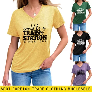 Could Be a Train Station亚马逊ebay独立站时髦气质女V领短袖T恤