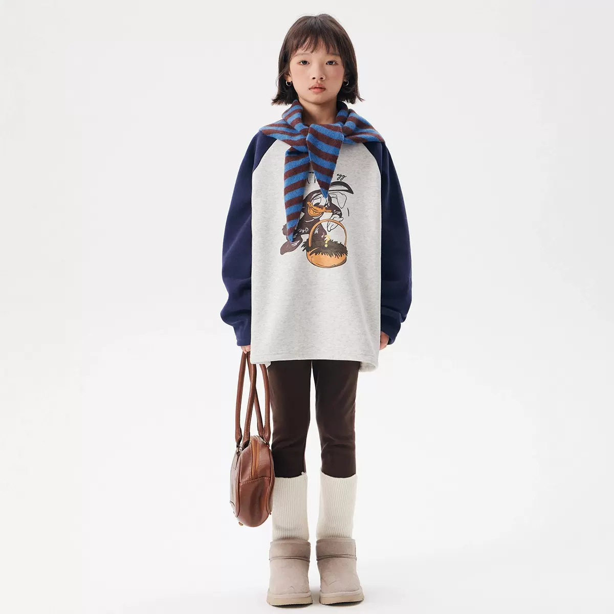 可爱卡通灰蓝撞色插肩袖卫衣秋冬季中长款加绒时尚休闲女大童卫衣