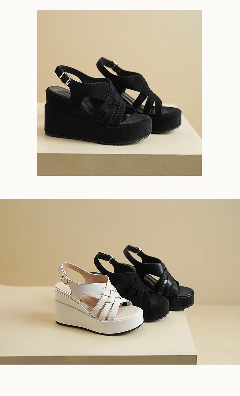 Sandal cao gót nữ hở mũi quai khóa, đế xuồng dệt da bò, gót 10 cm — Da bò trắng gạo chi tiết 5