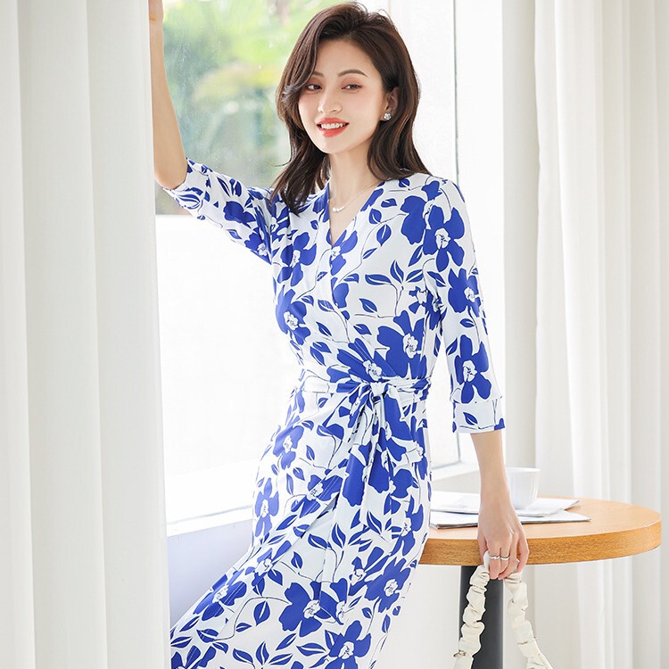 PG DVF wrap skirt summer flower print skirt V-neck elegant dress women's waist slimming dress