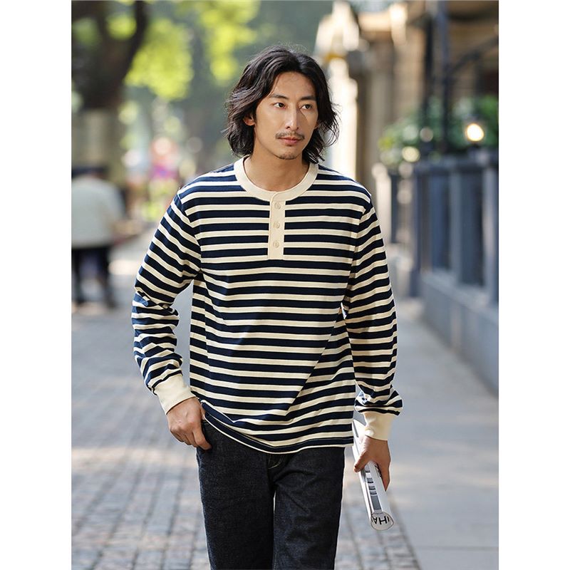 Ame-Kaji Retro Heavy-Duty Striped Long-Sleeve Sailor Shirt 230g Double Yarn Knit Henley Collar T-Shirt Ame-Kaji Retro Heavy-Duty Striped Long-Sleeve Sailor Shirt 230g Double Yarn Knit Henley Collar T-Shirt