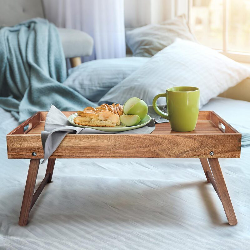 Wooden Foldable Tray with Legs, Balcony Entertainment Tray, Afternoon Tea Dessert Tray, Bed Breakfast Tray for Lazy People