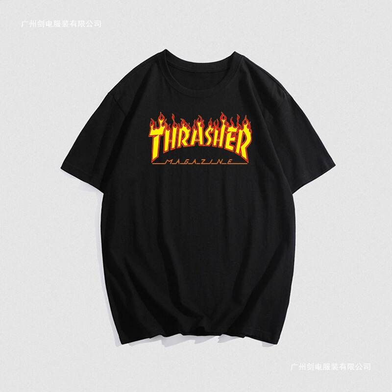 Summer New Men's T-Shirt Thrasher Flame Export Casual Sports T-Shirt Top Manufacturer 2024 Batch
