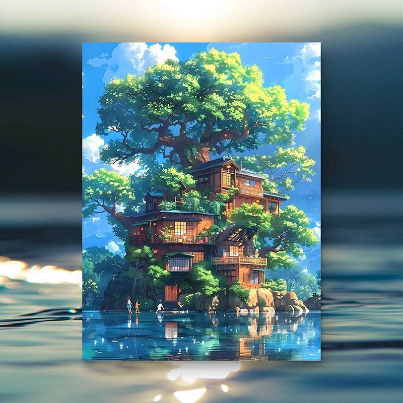 Pintura al óleo digital de estilo antiguo estilo arquitectónico de la dinastía Tang, relleno a mano, relleno de agujero, lámpara acrílica, sala de estar nueva
