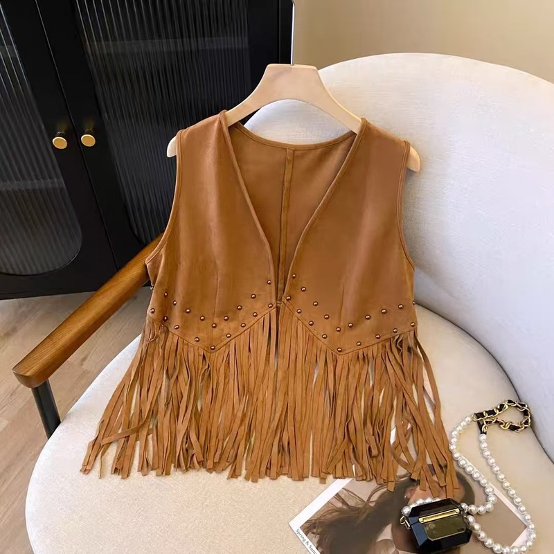 Amazon Cross-Border Women's Metal Nail Tassel Decorative Cardigan Vest Imitation Suede Summer Jacket Sleeveless New Style