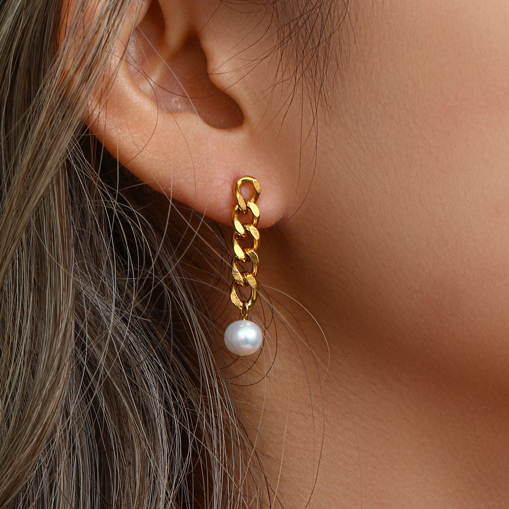 Fashion Stainless Steel Asymmetric Chain Pearl Earrings display picture 4